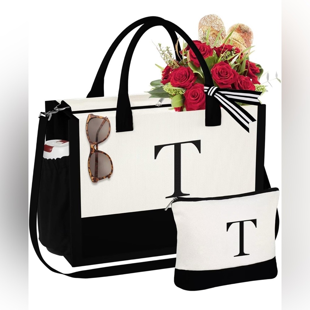 YOOLIFE Gifts for Women - Initial Tote Bag & Makeup Bag.  Bag Letter T